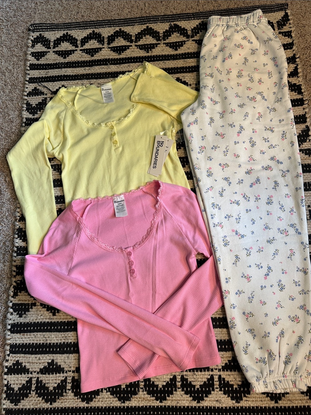 No Boundaries Bundle - Yellow and Pink Ribbed Henley w/ Lace Trim and Joggers